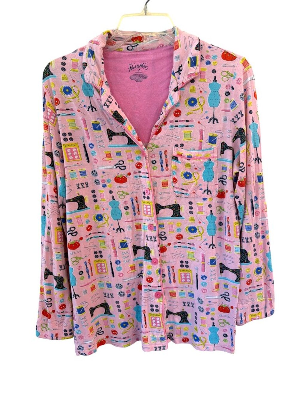 Nick & Nora Women’s Sleep Shirt M Pink Sewing Theme Modal Spandex Pajama Top